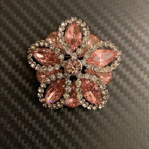 Vintage Weiss Pink Rhinestone Flower Brooch Silver Tone Mid Century Signed